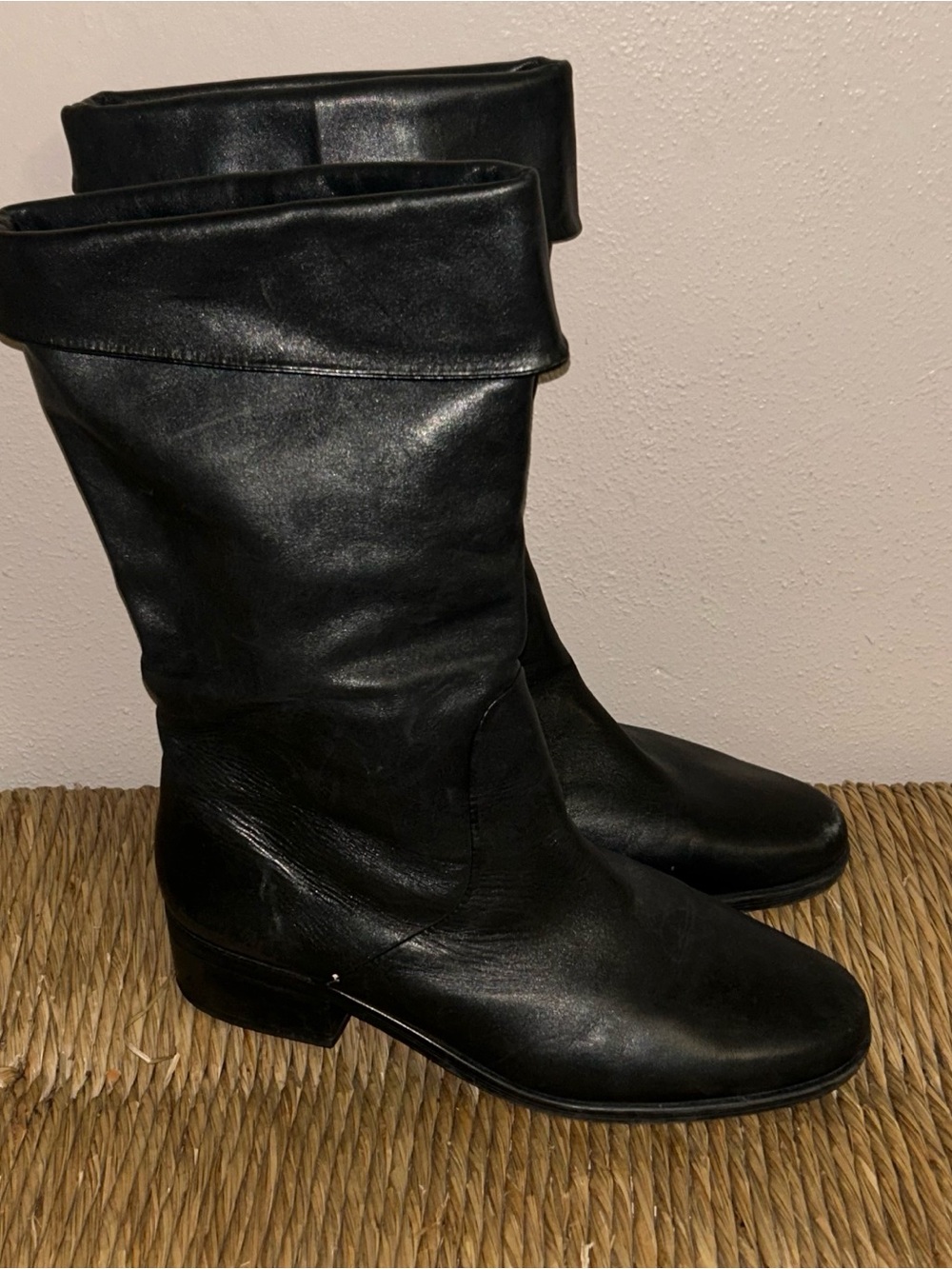 Y2K Black Leather Slouch Boots Shoe Dept Fold Over Cuff Witchy Square Toe